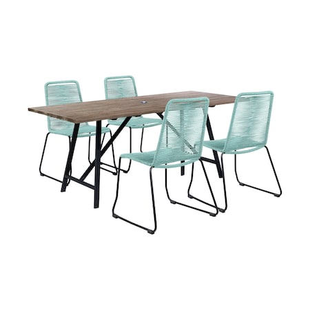 Armen Living Koala and Shasta 5 Piece Outdoor Patio Dining Set in Light Eucalyptus Wood and Wasabi Rope 840254336407